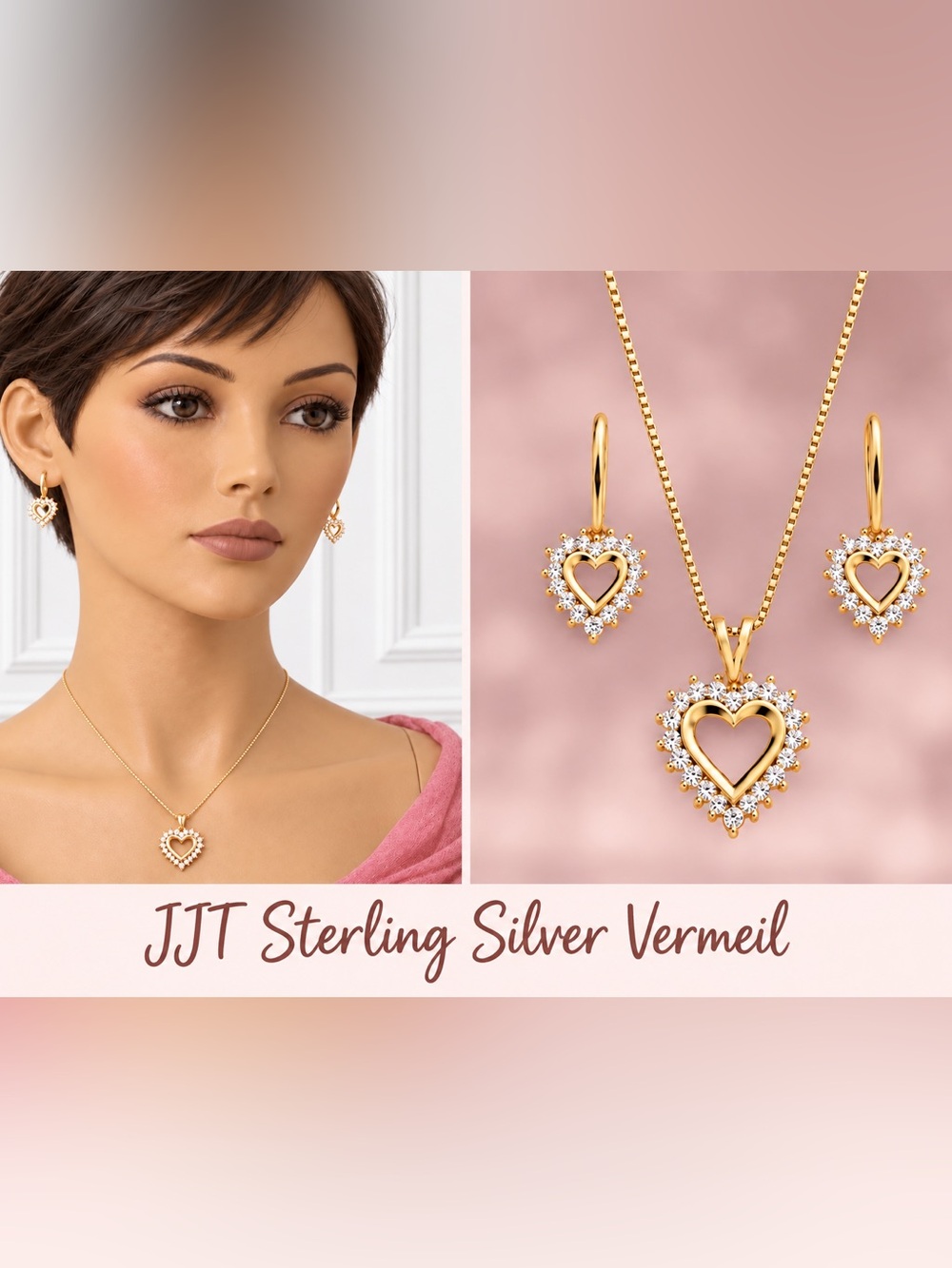 2 Pc Vintage Marked JJT Italian 925 CZ-Vermeil Heart Necklace & Earrings NWOT